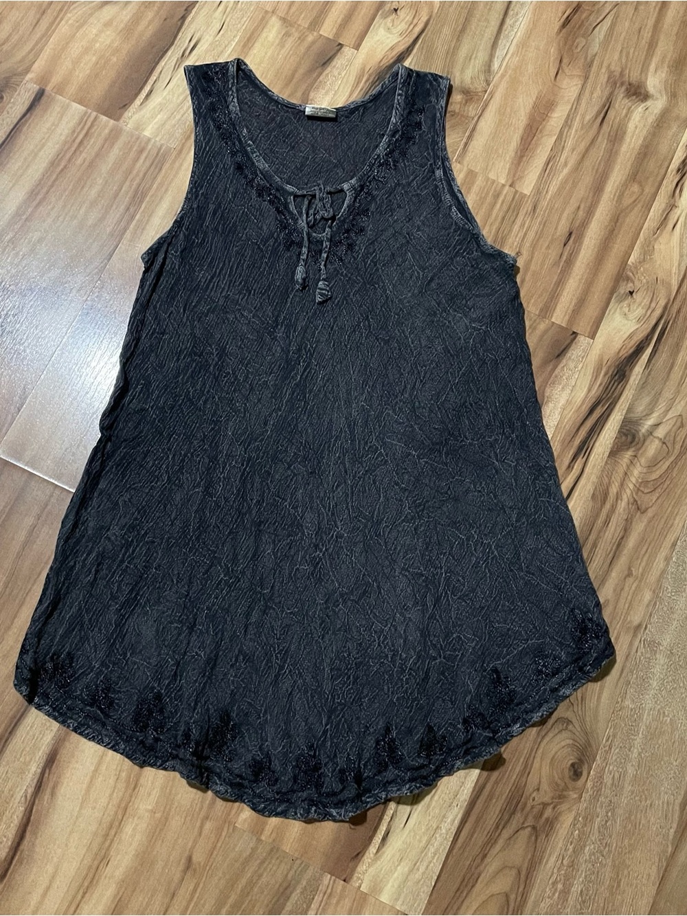 Advance Apparel Mineral Wash Crinkle Mini Dress Black Boho Fairy Embroidered